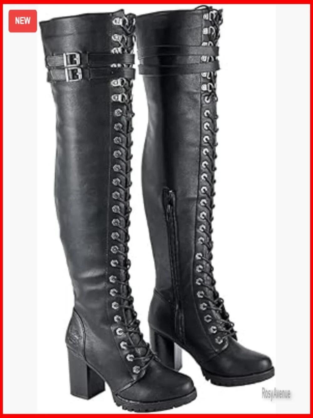 Faux Leather Over The Knee Boots Lace Up Chunky Heel Biker Style